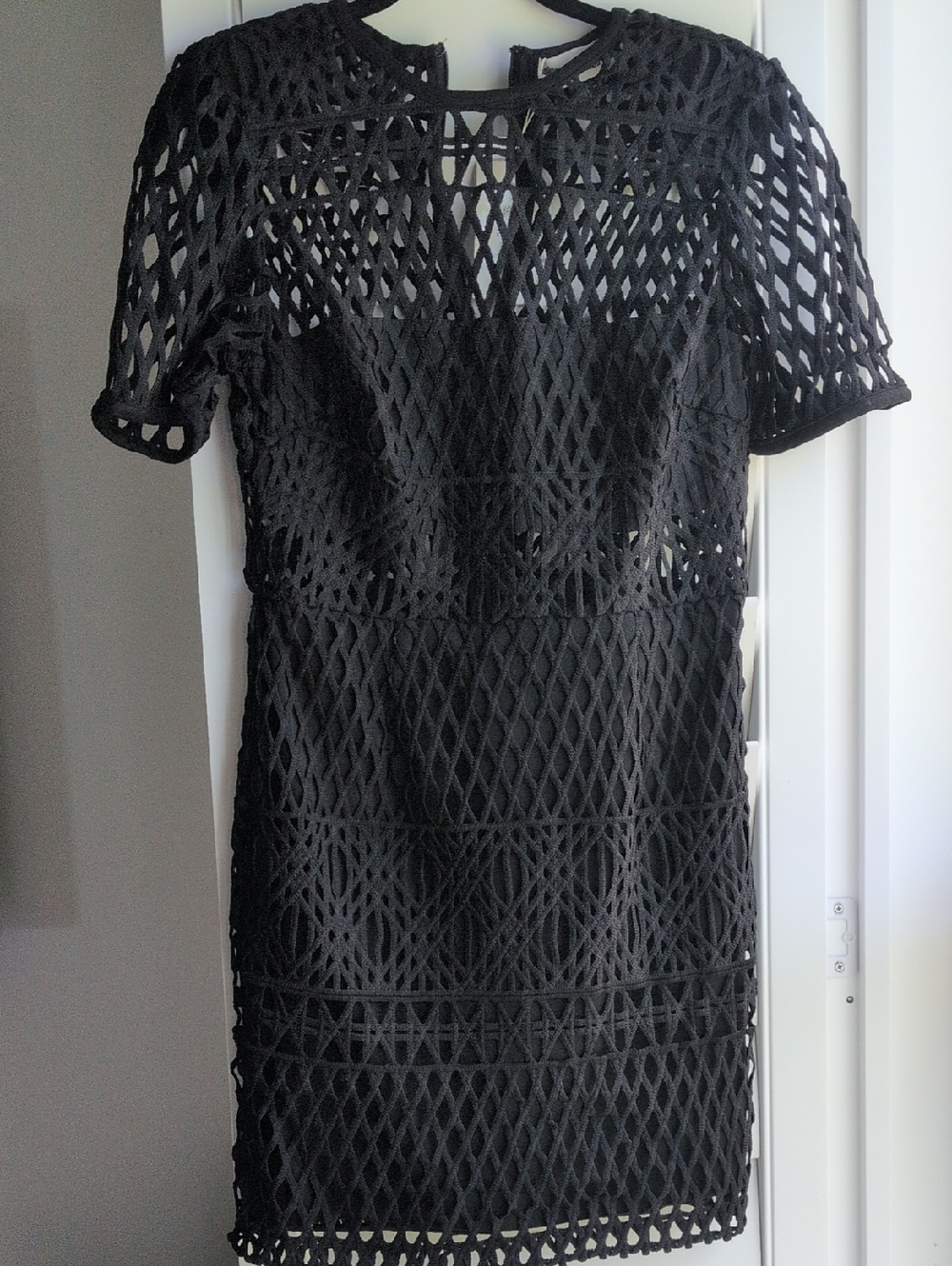 Black Crochet Overlay Women's Dress - Elegant Short Sleeve
